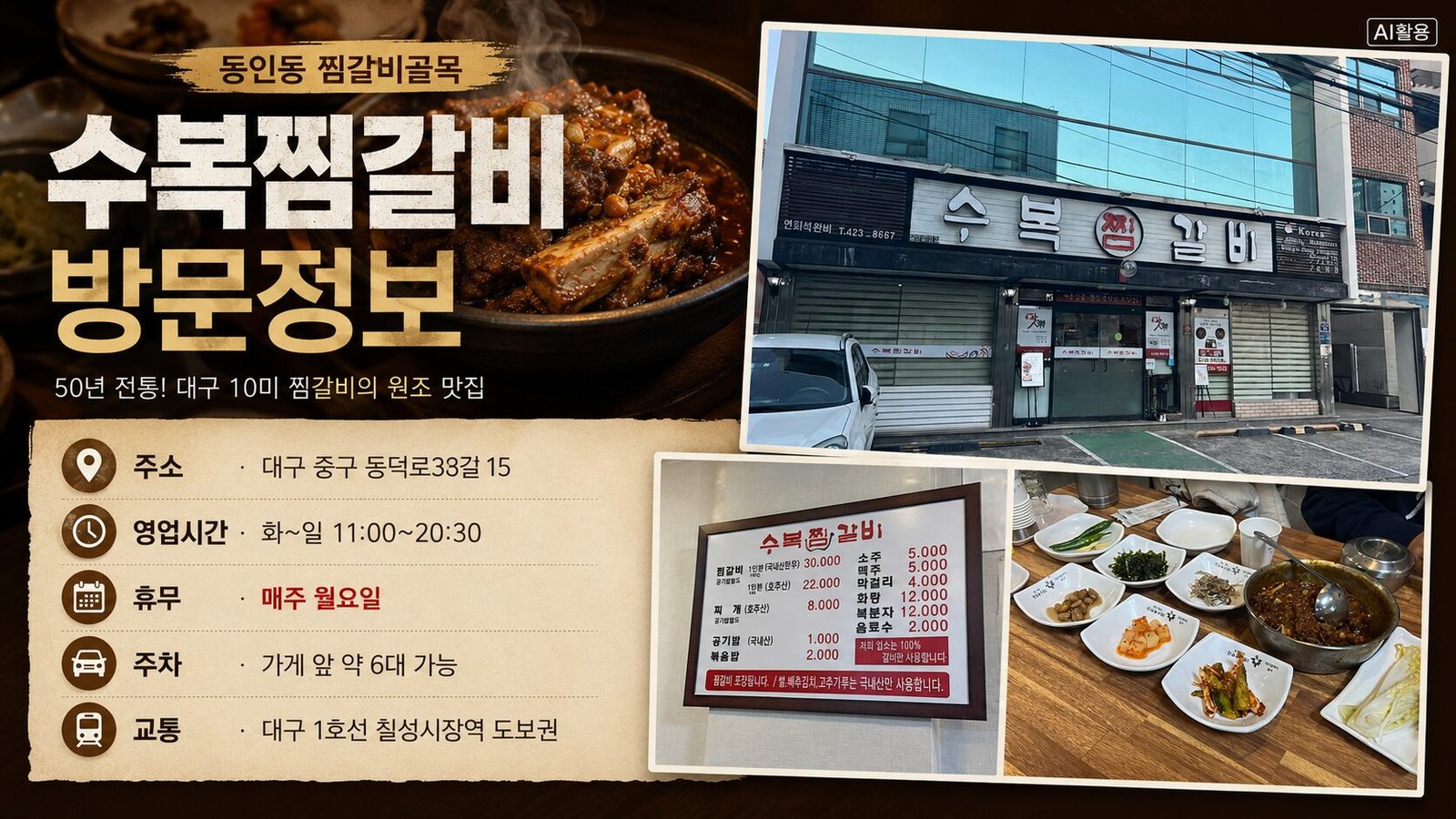 수복찜갈비|대구 동인동 한우찜갈비·볶음밥 후기 동인동 골목의 식당 외관과 매장 앞 주차 공간