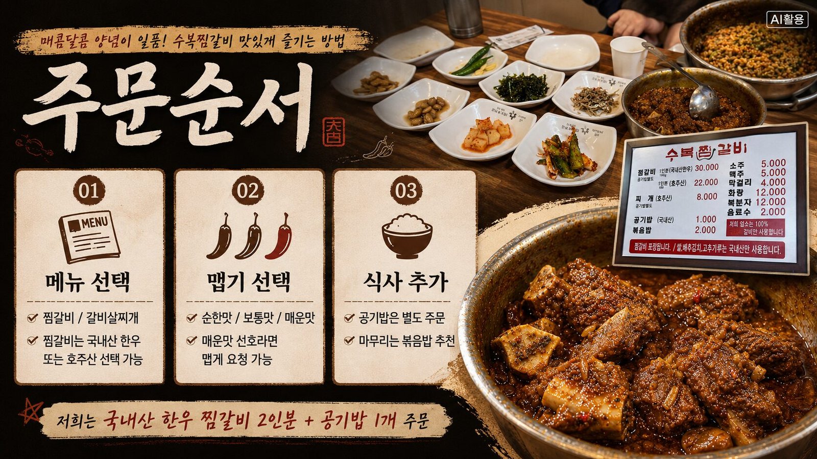 수복찜갈비|대구 동인동 한우찜갈비·볶음밥 후기 수복찜갈비에서 고기와 맵기, 공기밥, 볶음밥을 선택하는 주문 가이드