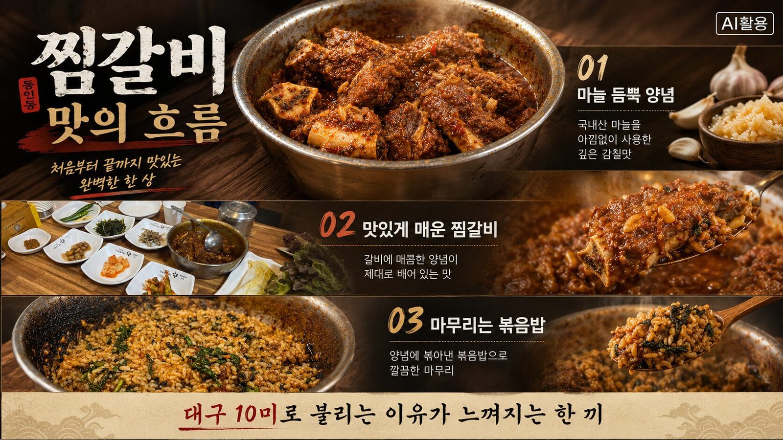 수복찜갈비|대구 동인동 한우찜갈비·볶음밥 후기 수복찜갈비의 마늘 풍미와 매콤한 양념, 볶음밥 마무리를 설명한 맛의 흐름 카드