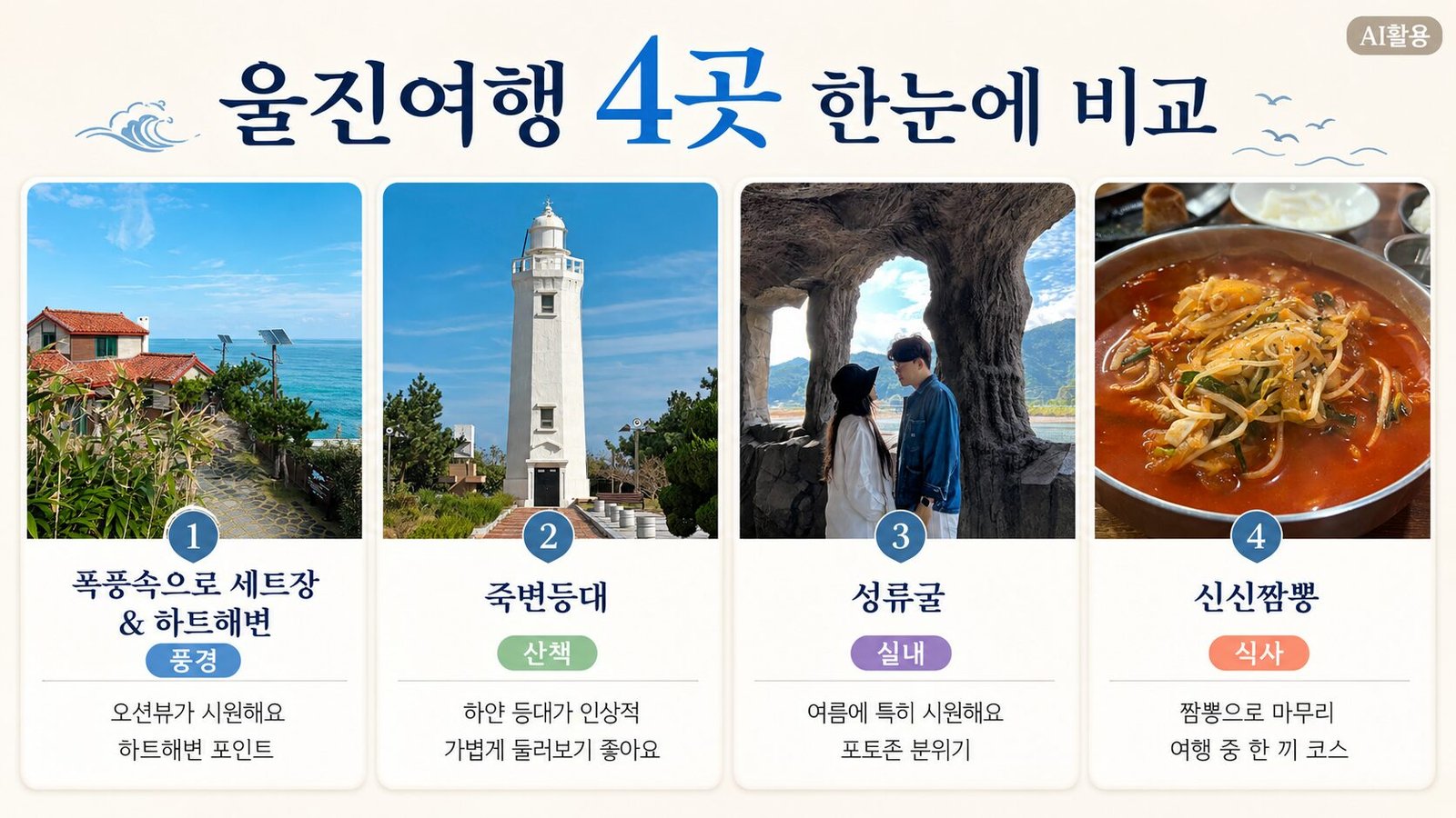 울진 가볼만한 곳 하트해변, 죽변등대, 성류굴, 신신짬뽕 특징 비교 인포그래픽