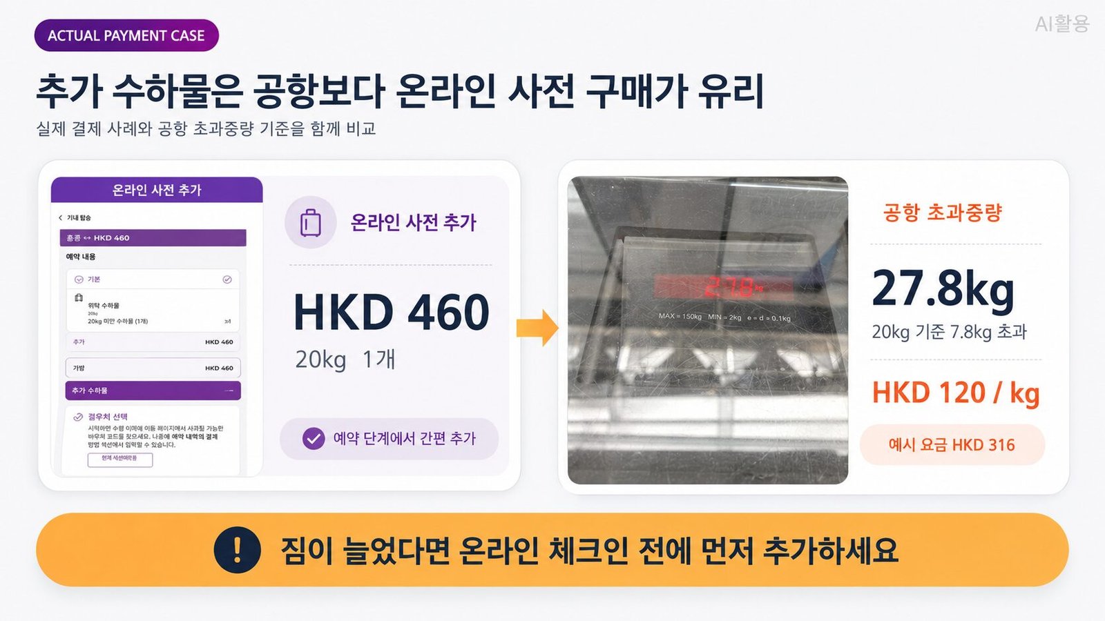 20kg 온라인 추가 결제 사례와 공항 초과 중량 요금 비교