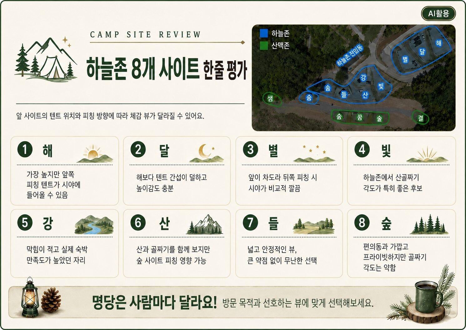 쉼오지캠프 전체 사이트 리뷰|하늘존·산맥존 명당자리 추천 하늘존 8개 사이트 평가