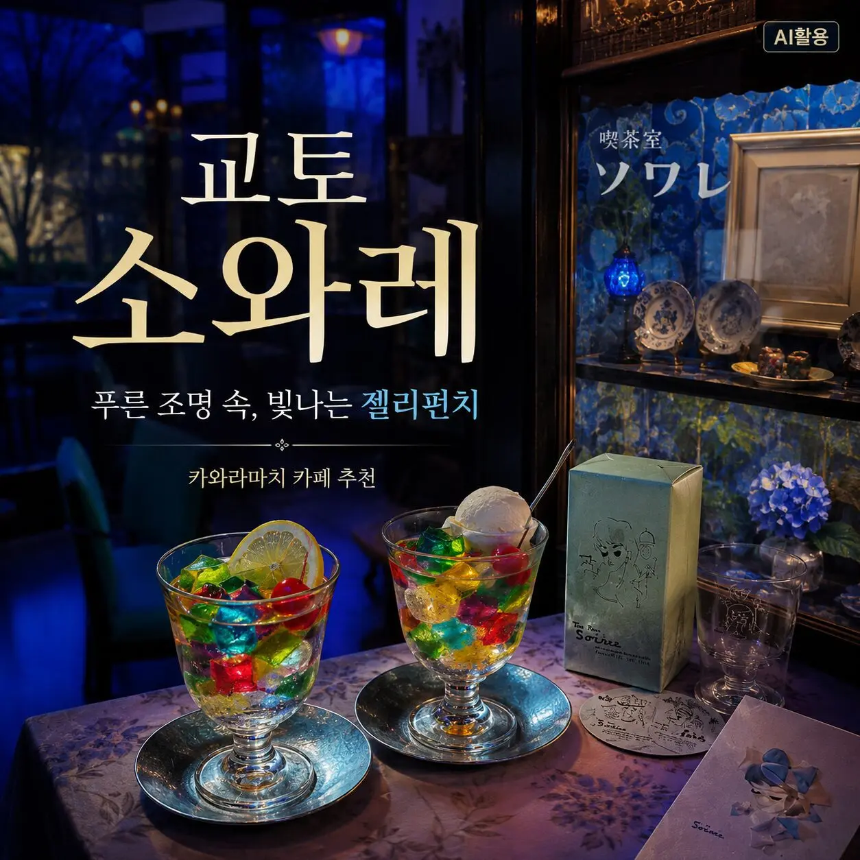교토 소와레 카페|푸른 조명 속 젤리펀치와 굿즈 후기 - 1