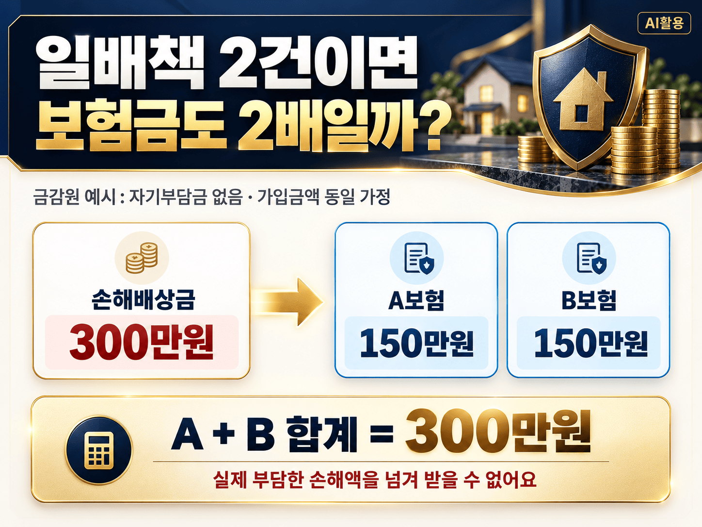 일상생활배상책임보험 중복 가입 시 손해액 300만원을 두 보험사가 150만원씩 비례보상하는 예시