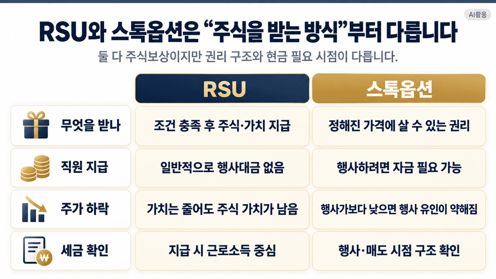RSU 세금┃베스팅 때 과세되고 매도할 때는 무엇이 달라질까 RSU와 스톡옵션의 권리 구조, 직원 자금, 주가 하락 위험, 과세 시점을 비교한 표