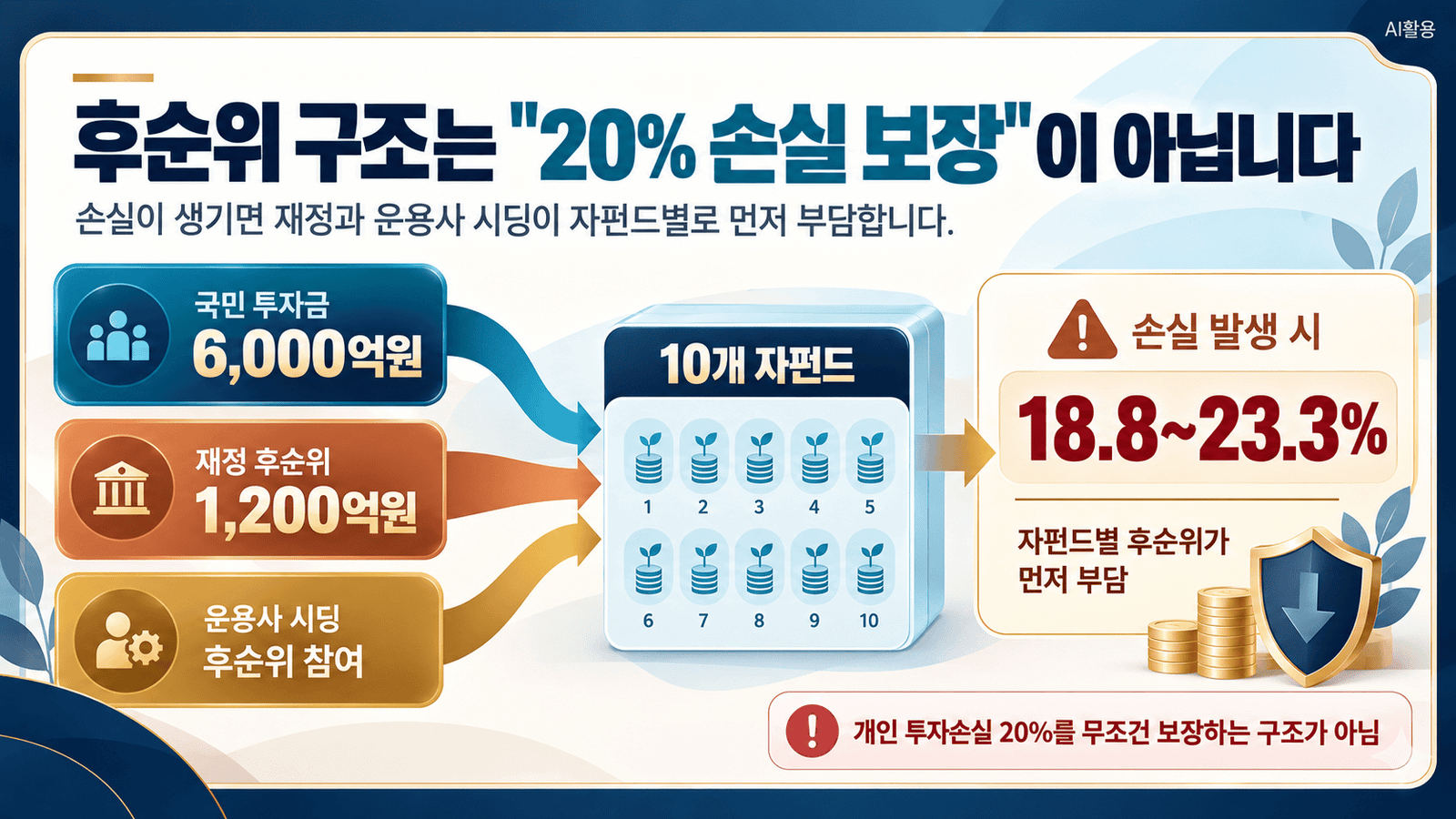 국민 투자금 6,000억원과 재정 1,200억원, 운용사 시딩이 10개 자펀드로 들어가는 후순위 손실 부담 구조