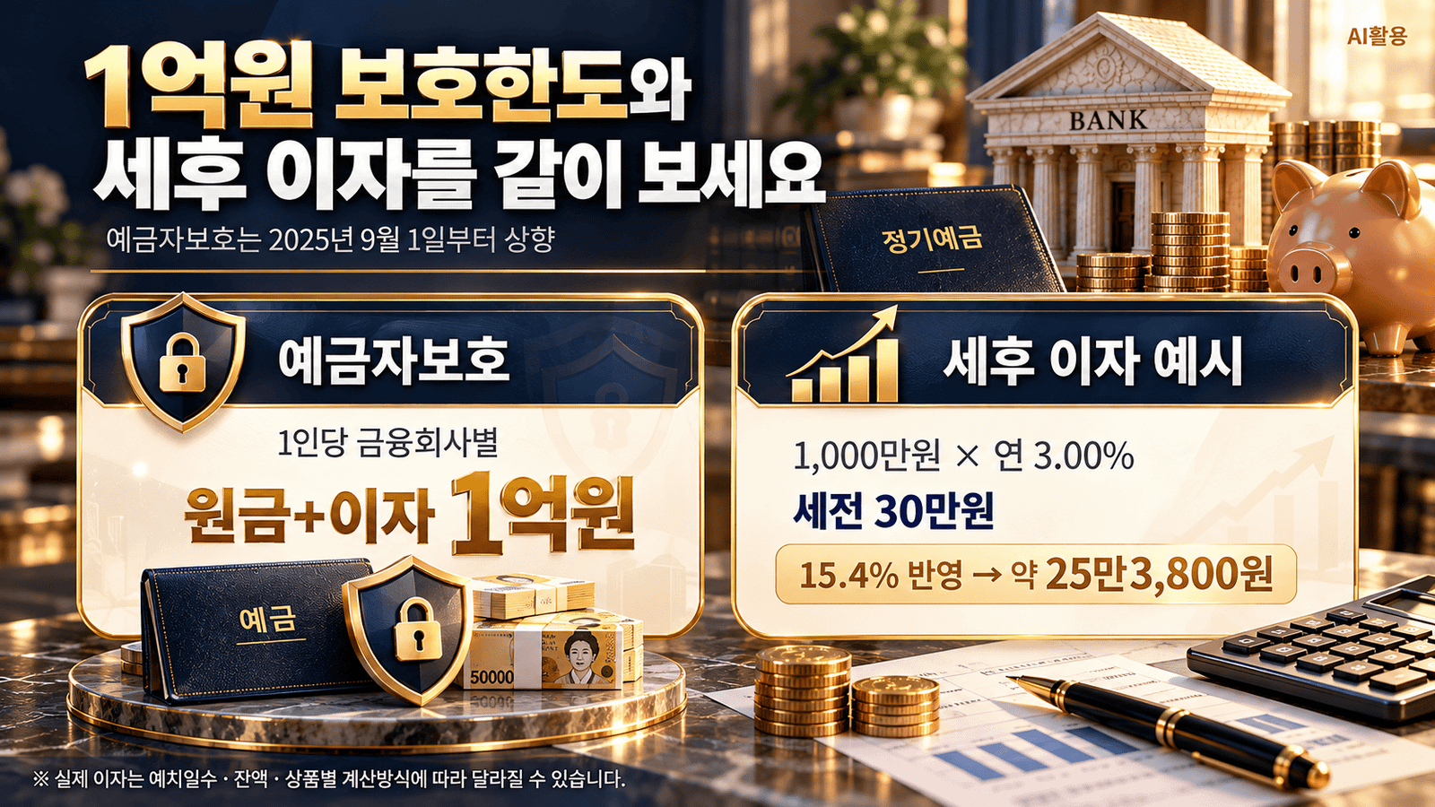예금 갈아타기┃중도해지 손익부터 파킹통장·CMA까지 비교 예금자보호 1억원 한도와 1천만원 연 3퍼센트 예치 시 세후 이자 예시