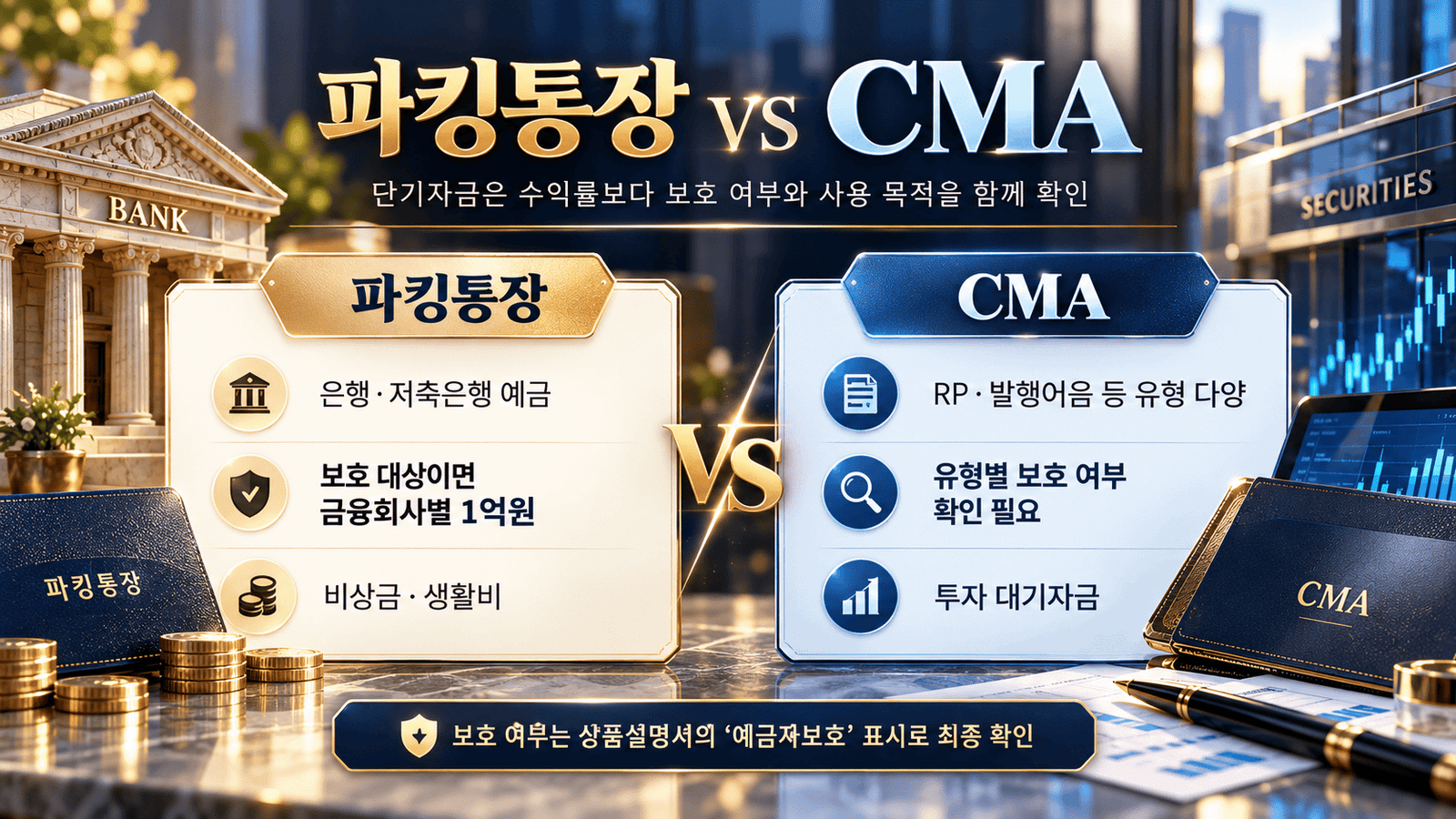예금 갈아타기┃중도해지 손익부터 파킹통장·CMA까지 비교 파킹통장과 CMA의 운용 구조, 예금자보호 여부, 적합한 단기자금 용도를 비교한 표