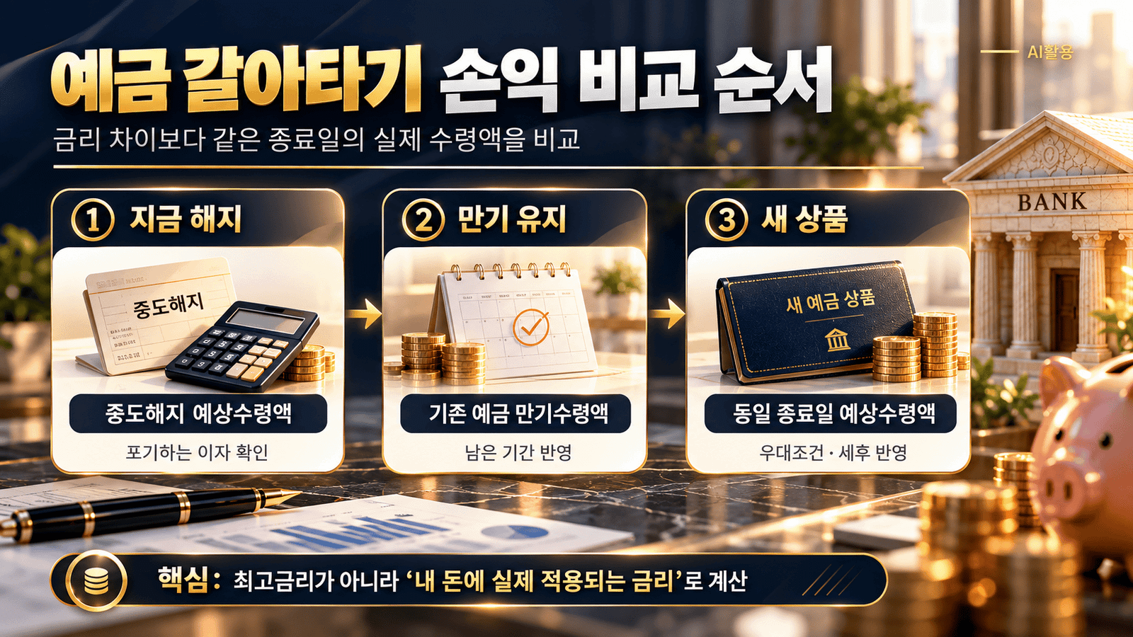 예금 갈아타기┃중도해지 손익부터 파킹통장·CMA까지 비교 예금 중도해지 예상수령액과 만기 유지, 새 상품 예상수령액을 같은 종료일에 비교하는 순서