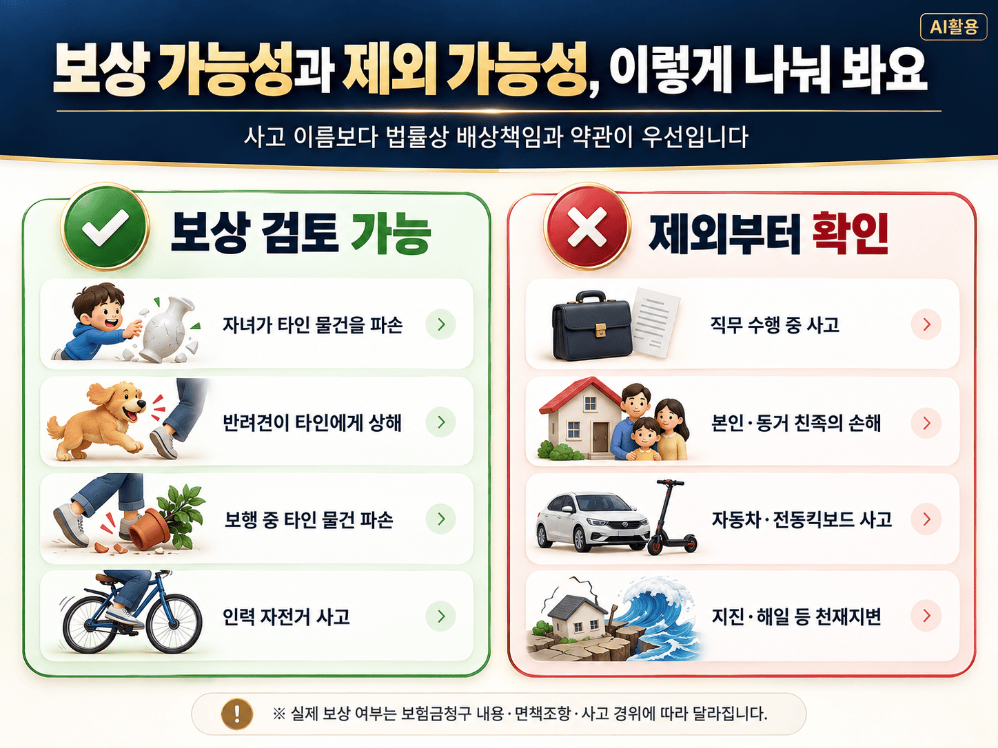 자녀·반려견·자전거 사고와 직무·본인손해·전동킥보드 사고의 보상 가능성 비교