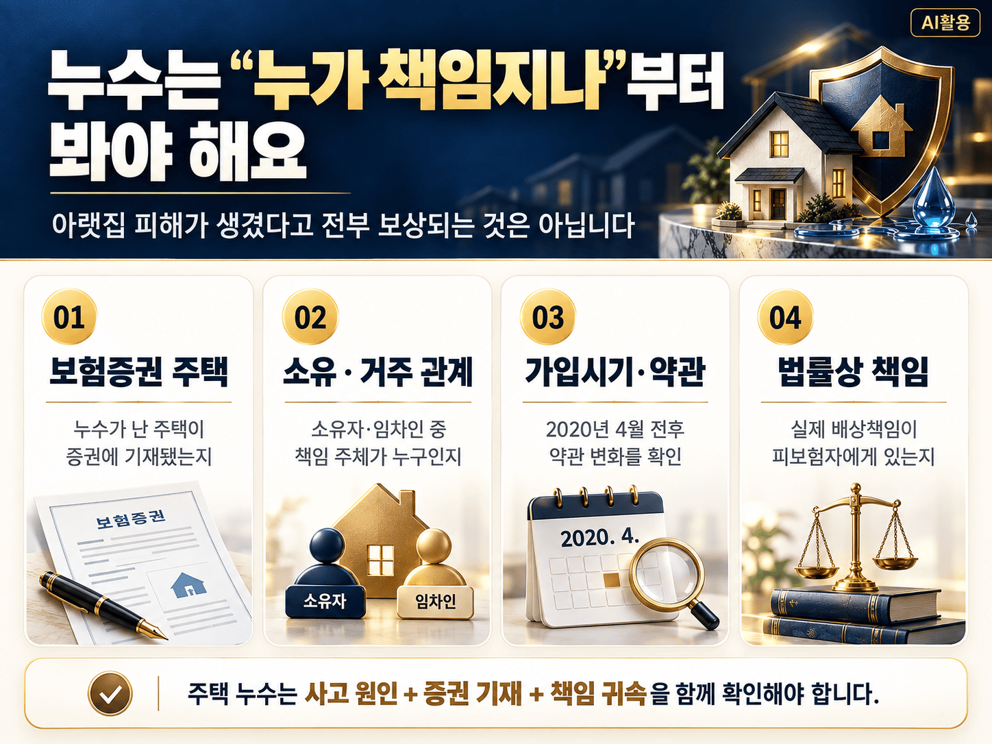 주택 누수 사고에서 보험증권 주택, 소유·거주 관계, 가입시기, 법률상 책임을 확인하는 도식