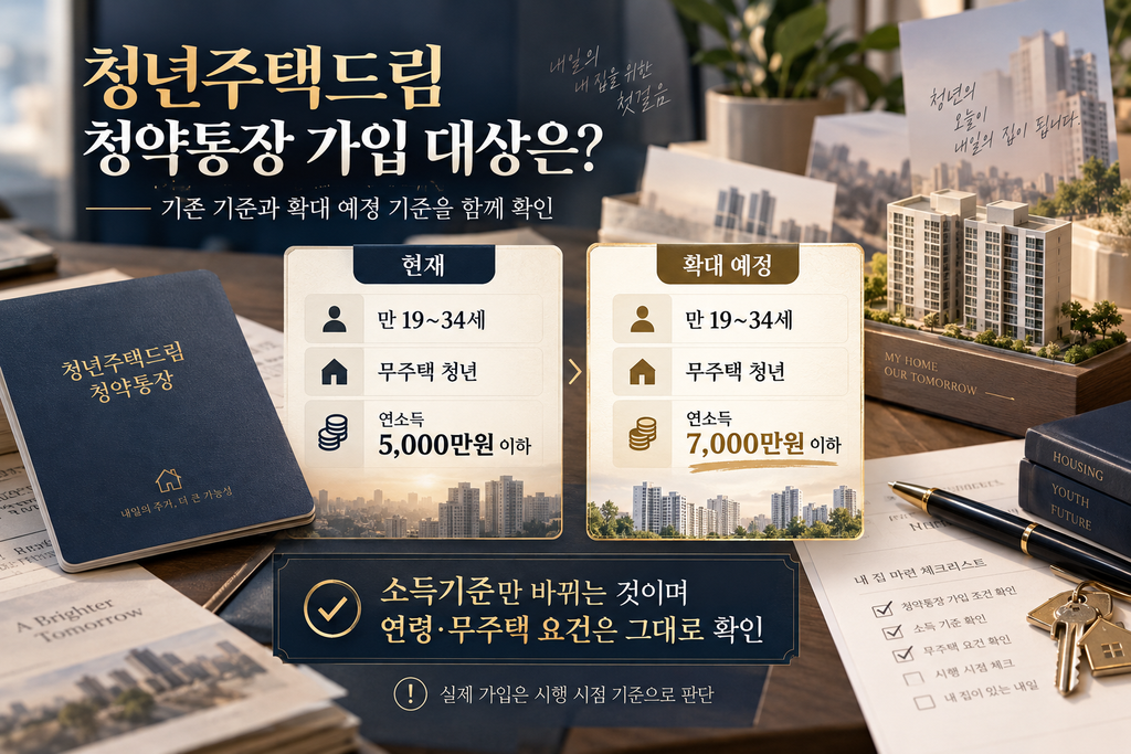 청년주택드림 청약통장 기존 연 소득 5,000만원 이하와 확대 예정인 7,000만원 이하 기준, 연령·무주택 조건을 비교하는 이미지