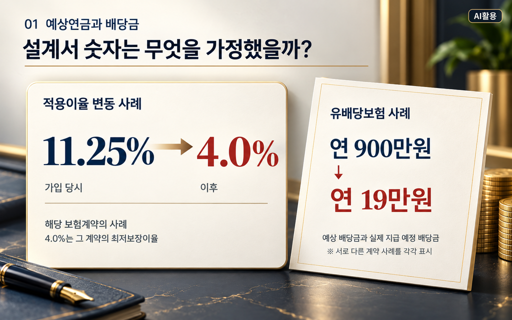 연금저축 주의사항┃가입부터 연금 수령까지 꼭 확인할 5가지 연금저축보험 적용이율 11.25%에서 4.0% 및 예상 배당금 연 900만원과 19만원 비교