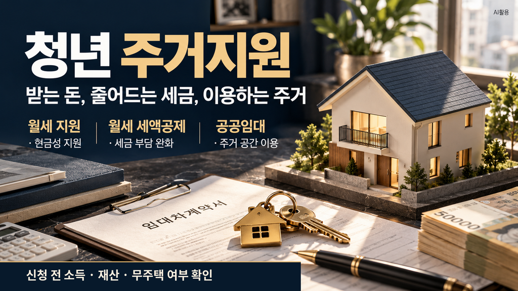 2027 청년 예산 언박싱┃일자리·주거·자산·양육 정책 변화 총정리 청년월세 지원은 현금성 지원, 월세 세액공제는 세금 절감, 공공임대는 주거 공간 제공이라는 차이를 보여주는 비교 이미지