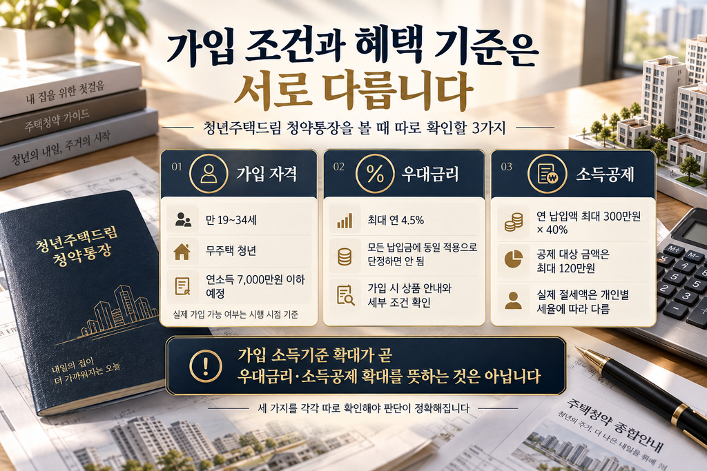 가입 소득기준, 최대 연 4.5% 우대금리, 소득공제 요건과 계산 예시를 구분한 이미지