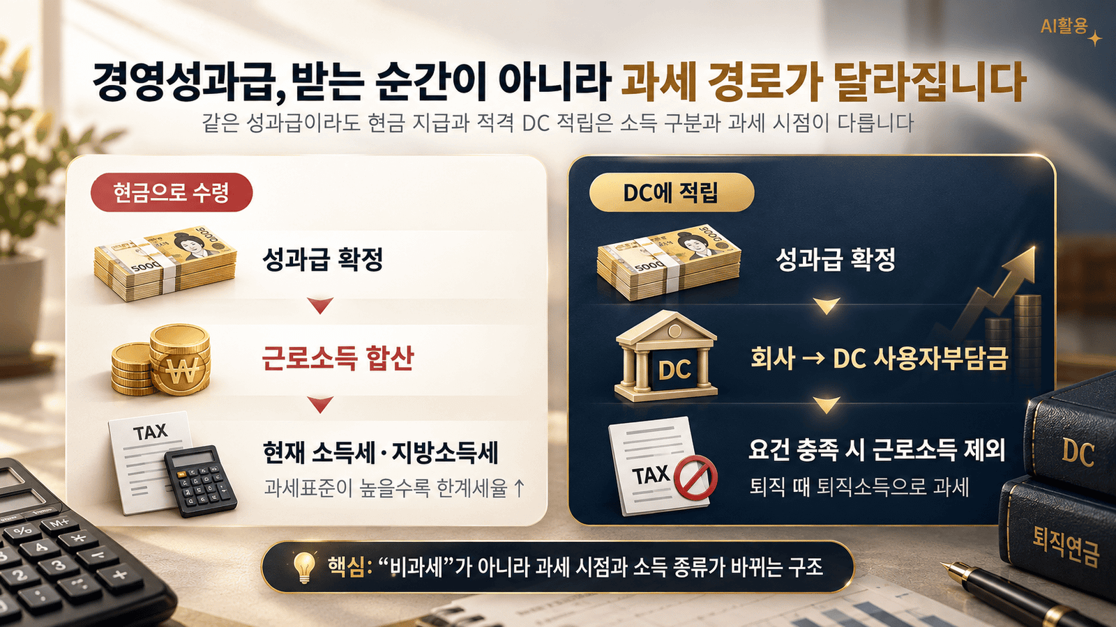 경영성과급 DC와 현금 수령의 근로소득·퇴직소득 과세 흐름 비교