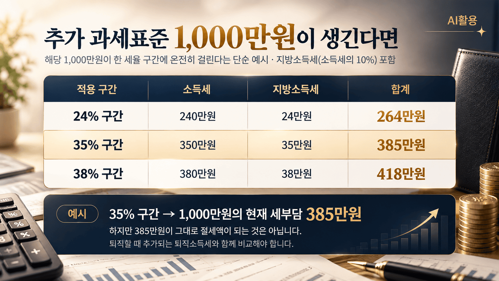 추가 과세표준 1,000만원의 24%·35%·38% 구간별 소득세와 지방소득세 예시