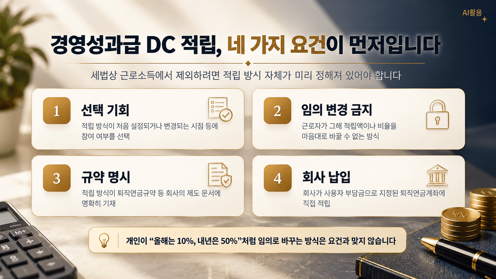 경영성과급을 DC형 퇴직연금 사용자 부담금으로 적립할 때 확인할 세법 요건 4가지