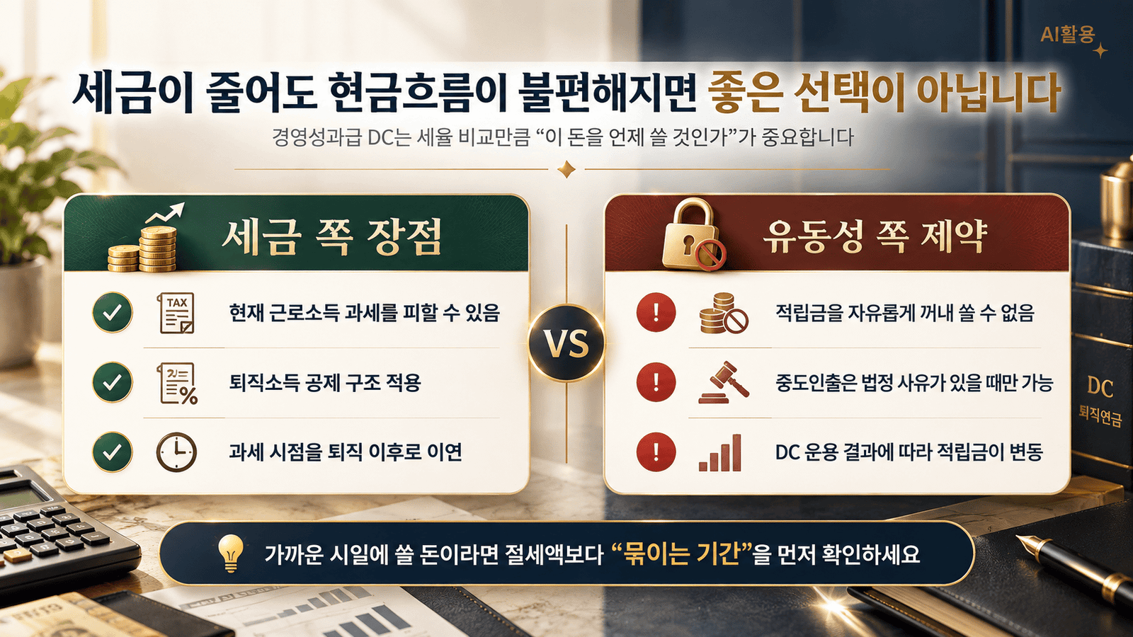 경영성과급 DC의 세금 장점과 중도인출·자금 묶임 제약을 비교한 의사결정 도식