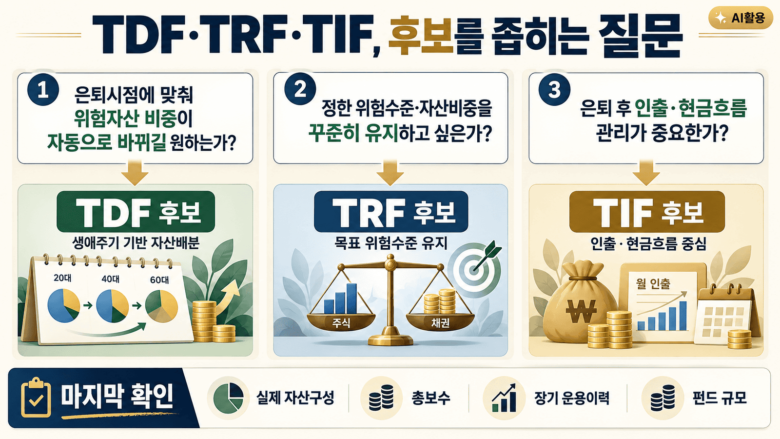 TDF TRF TIF 차이┃연금계좌에서 고르는 기준과 운용법 은퇴시점·위험성향·현금흐름에 따라 TDF·TRF·TIF 후보를 좁히는 순서 이미지
