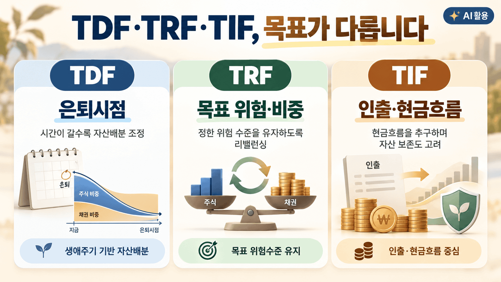 TDF TRF TIF 차이┃연금계좌에서 고르는 기준과 운용법 TDF·TRF·TIF의 목표 차이를 은퇴시점·목표위험·현금흐름으로 비교한 이미지