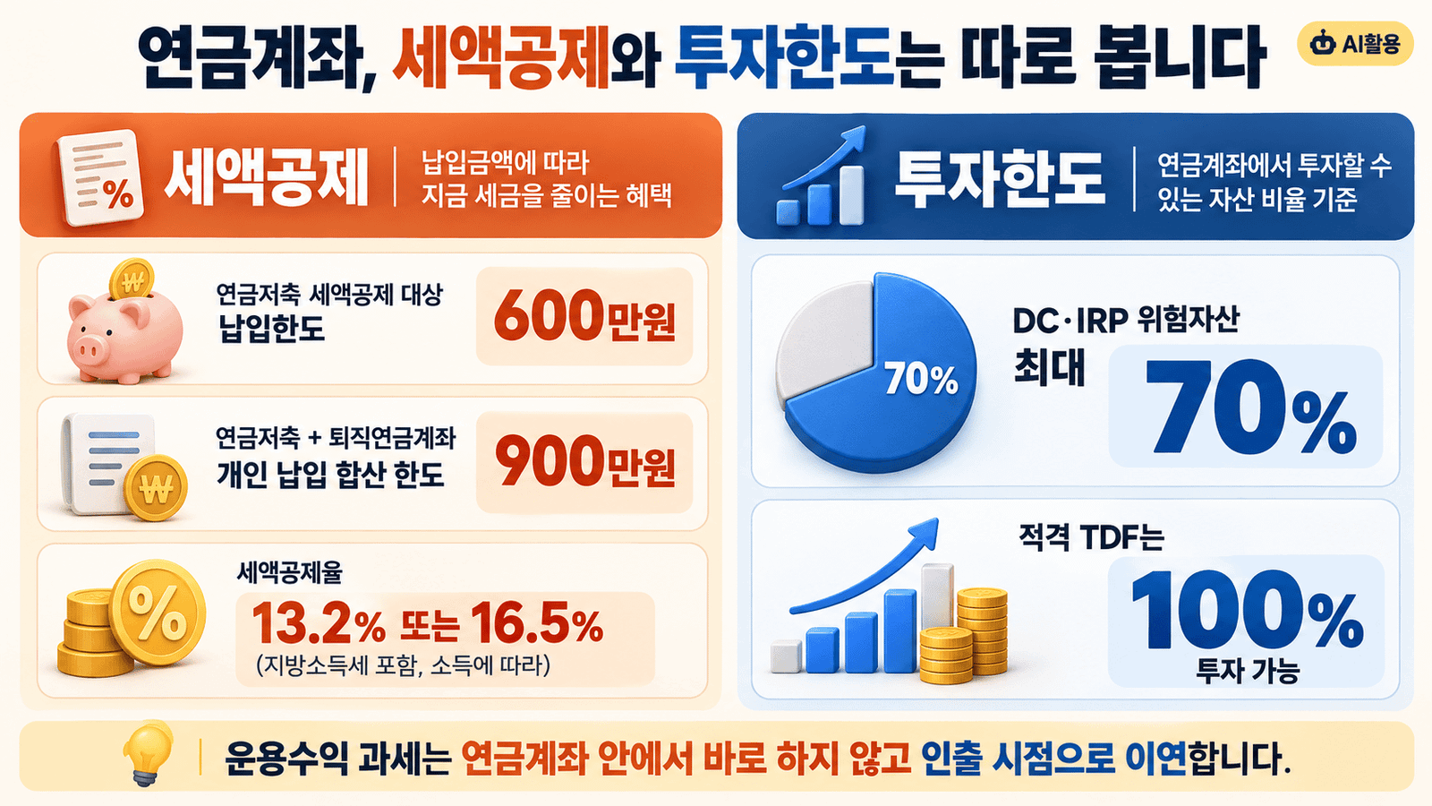TDF TRF TIF 차이┃연금계좌에서 고르는 기준과 운용법 연금계좌 세액공제 한도와 DC·IRP 위험자산·적격 TDF 투자한도를 구분한 이미지