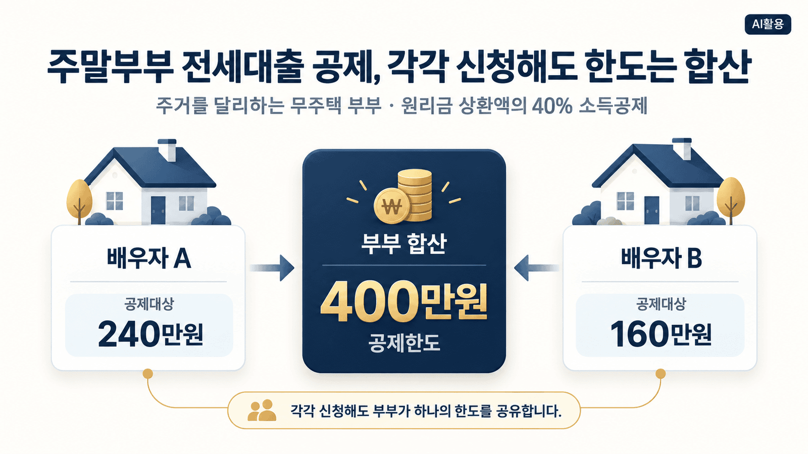 주거를 달리하는 무주택 부부가 전세대출 원리금 공제를 각각 신청하되 합산 400만원 한도를 적용하는 구조