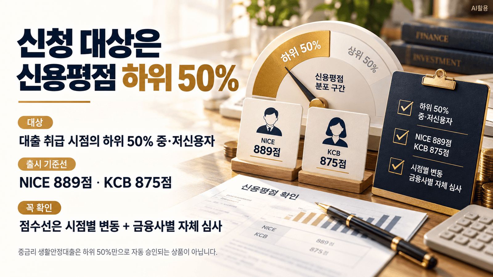 신용평점 하위 50% 기준과 금융사 자체 심사 관계 설명 이미지