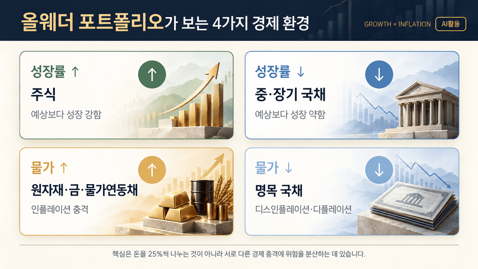 올웨더 포트폴리오┃ETF로 구현하고 브리지워터 13F 확인하는 법 성장과 물가의 상승·하락에 따라 주식·국채·금·원자재를 배치한 올웨더 포트폴리오 4개 경제 국면 도식
