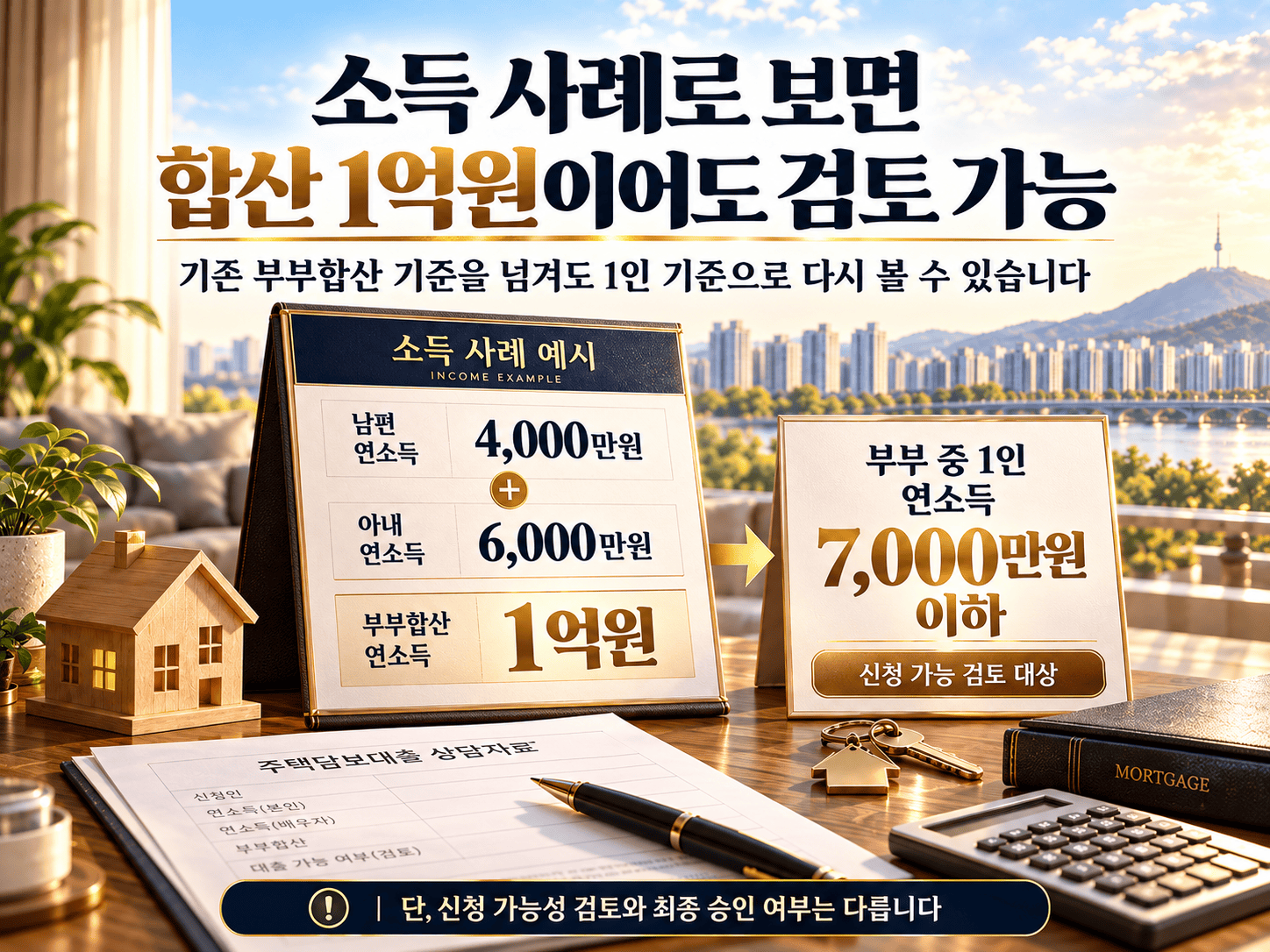 남편 연소득 4,000만원과 아내 연소득 6,000만원, 부부합산 1억원과 1인 7,000만원 이하 기준을 비교한 사례