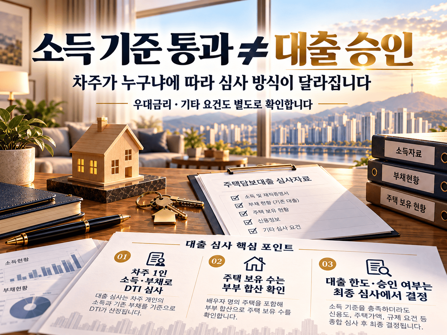 보금자리론의 차주 1인 소득과 부채에 따른 DTI 심사와 부부합산 주택 보유 수 확인