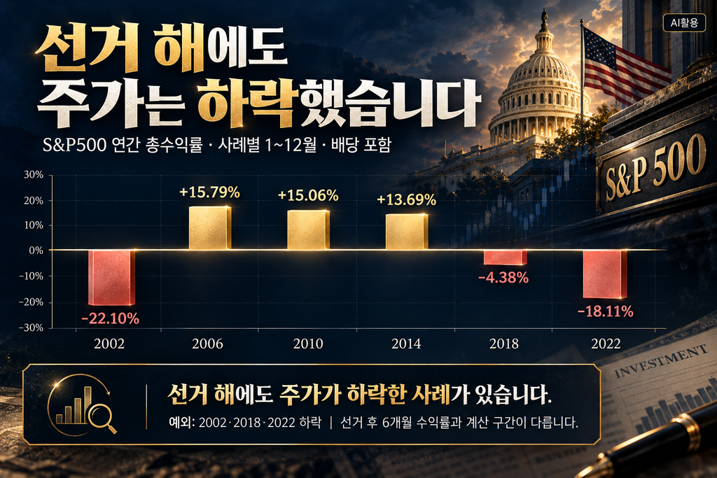 과거 미국 중간선거 해의 S&P500 연간 수익률 중 2002년 2018년 2022년 하락과 다른 해 상승을 구분한 비교 도표