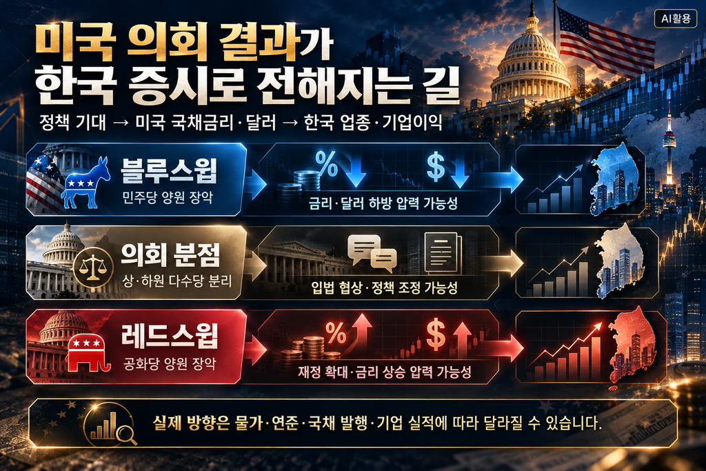 미국 중간선거 의회 구도별 재정정책과 국채금리 달러 흐름 및 국내 주식 업종에 미치는 조건부 영향 지도