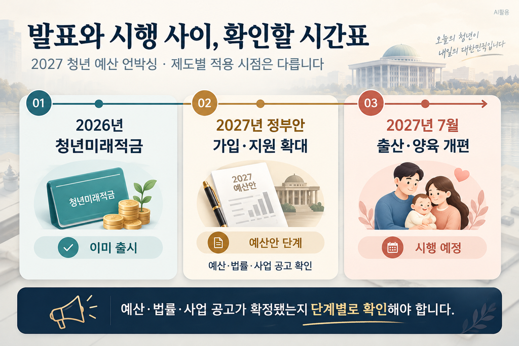 2027 청년 예산 언박싱┃일자리·주거·자산·양육 정책 변화 총정리 2027 청년 예산 언박싱의 시점 구분 2026년 이미 출시된 적금과 2027년 정부안 및 2027년 7월 시행 예정인 출산 양육 정책