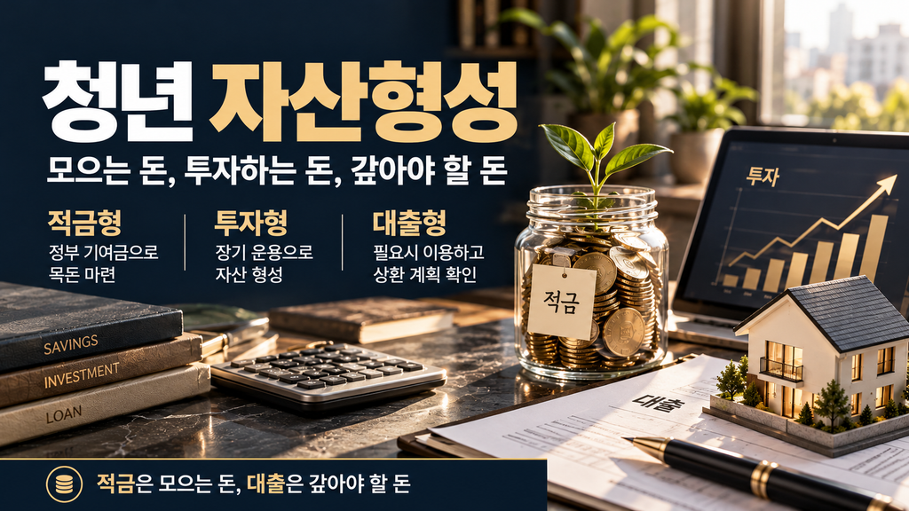 2027 청년 예산 언박싱┃일자리·주거·자산·양육 정책 변화 총정리 청년미래적금의 정부 기여금, 청년기회자금의 대출 상환, 우리아이자립펀드의 투자 성과 변동을 구분한 이미지