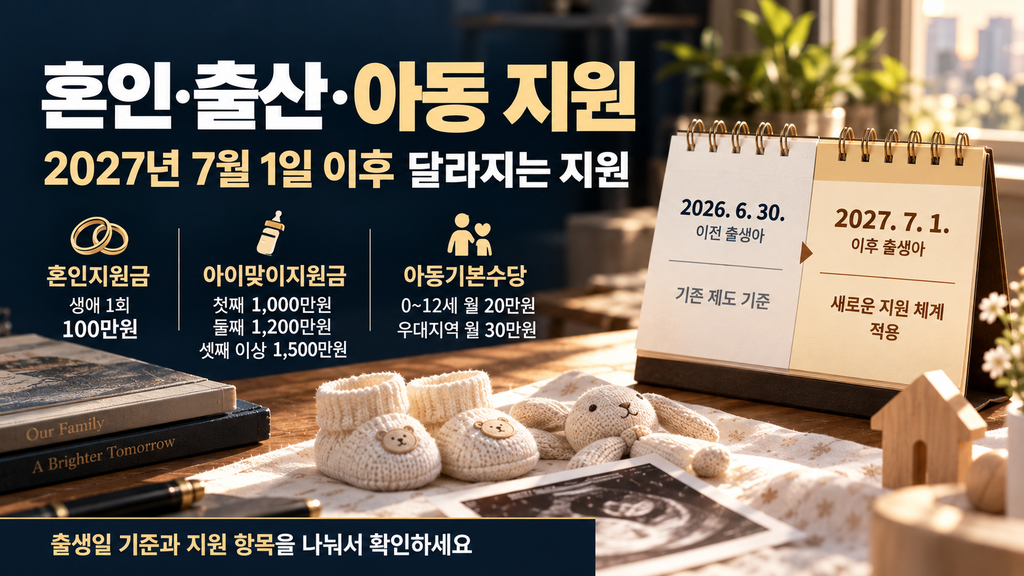 2027 청년 예산 언박싱┃일자리·주거·자산·양육 정책 변화 총정리 2027년 7월 1일 출생일 기준으로 달라지는 출산·양육 지원 체계를 달력으로 비교하고 혼인지원금을 별도로 설명한 이미지