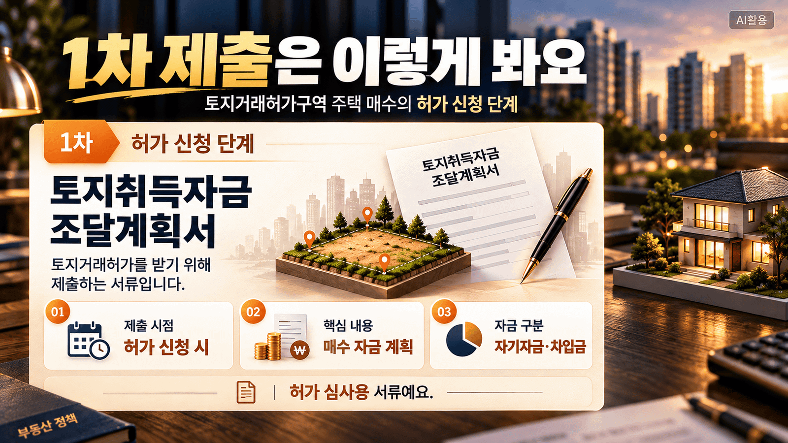 토지거래허가구역 자금조달계획서 1차 제출 단계에서 토지취득자금 조달계획서의 제출 시점과 핵심 내용을 정리한 이미지