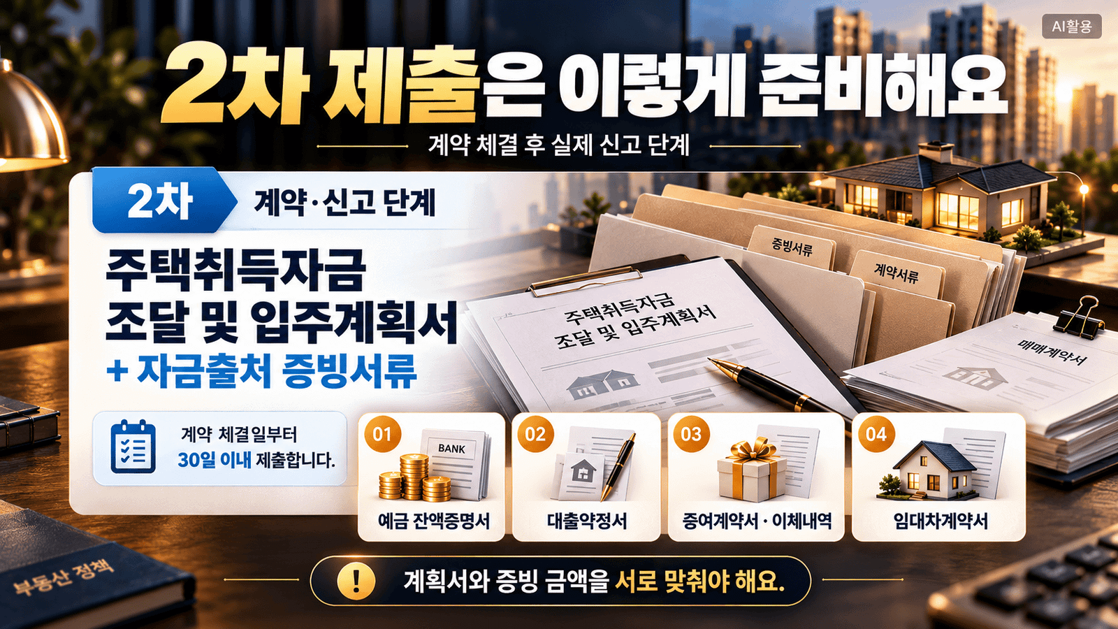계약 체결 후 30일 이내 제출하는 주택취득자금 조달 및 입주계획서와 자금출처 증빙서류 준비 항목을 정리한 이미지