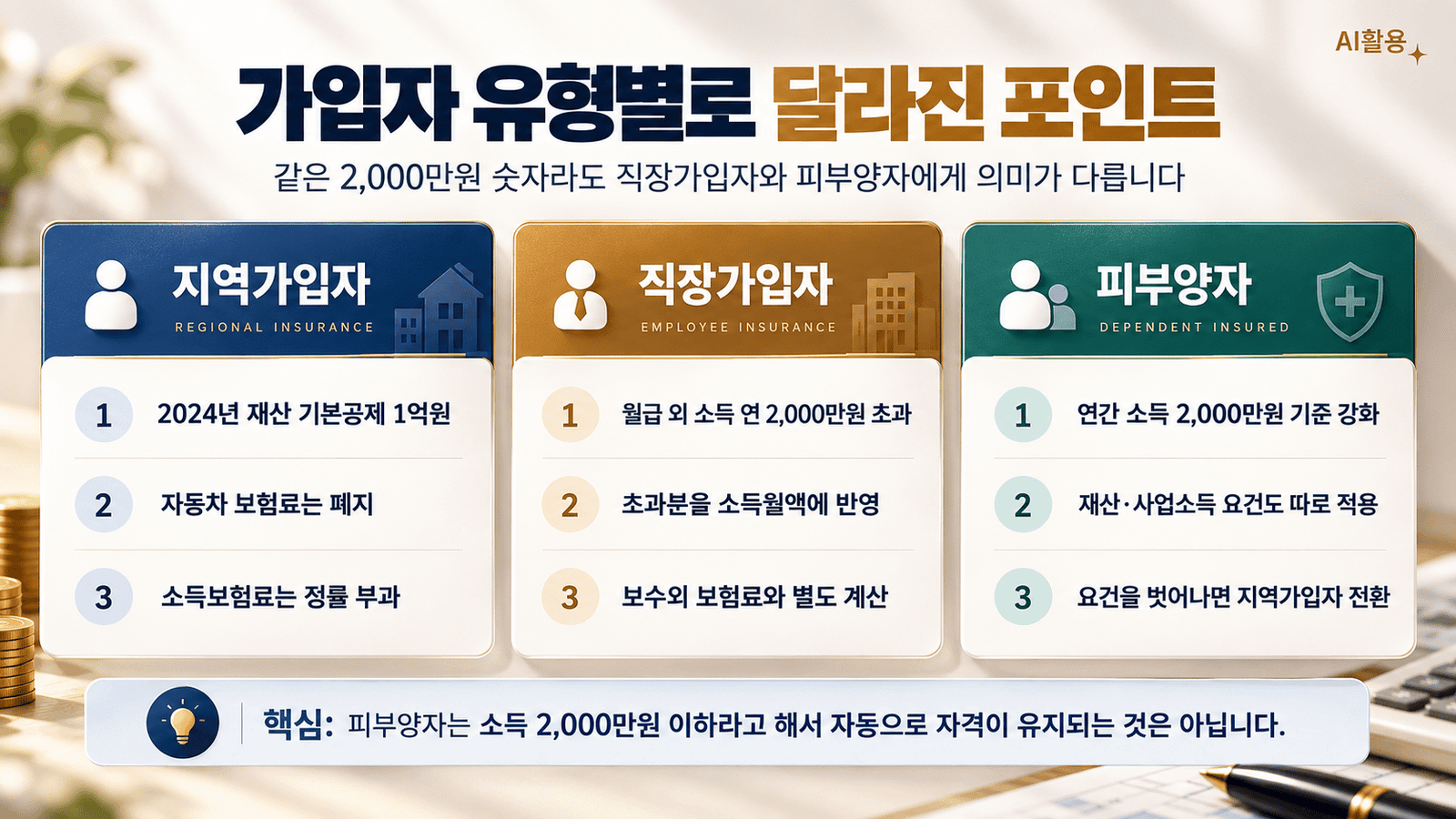 건강보험 부과체계 개편┃지역·직장·피부양자 보험료는 어떻게 달라졌나 지역가입자·직장가입자·피부양자별 건강보험료 변화 비교
