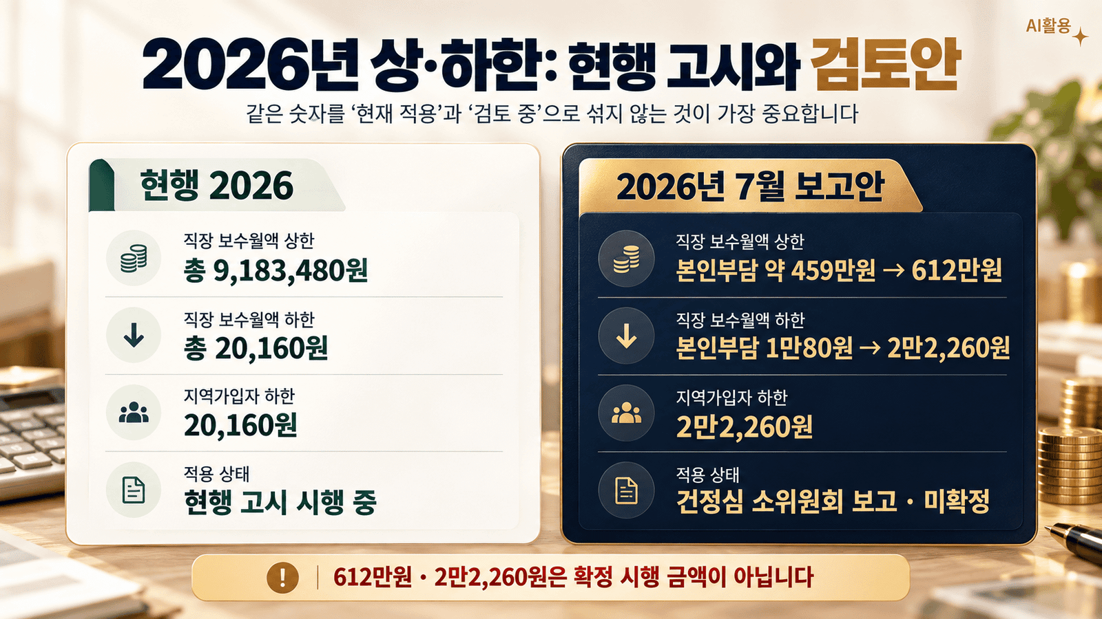 건강보험 부과체계 개편┃지역·직장·피부양자 보험료는 어떻게 달라졌나 2026년 건강보험료 상·하한 현행 금액과 검토안을 비교한 인포그래픽