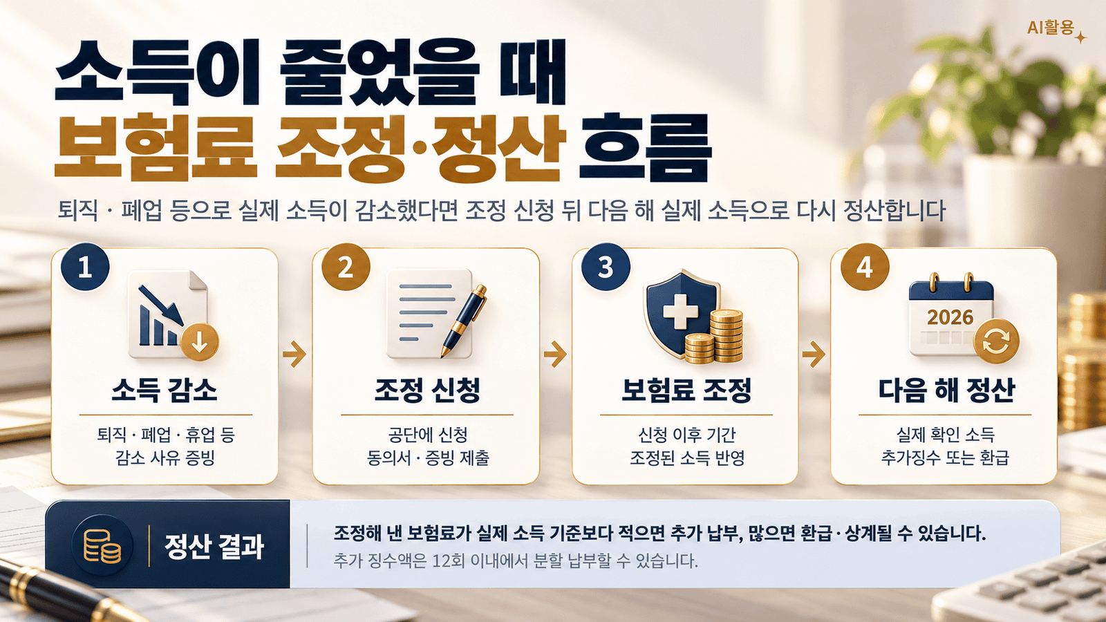 건강보험 부과체계 개편┃지역·직장·피부양자 보험료는 어떻게 달라졌나 퇴직·폐업 뒤 소득 감소 시 건강보험료 조정과 사후 정산 흐름