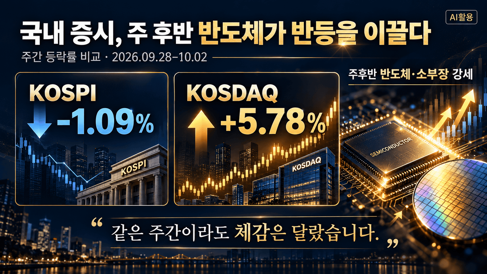 주간 증시┃9월 28일~10월 2일, 금리·유가 충격 뒤 왜 반등했나 9월 28일부터 10월 2일까지 코스피와 코스닥 주간 흐름 비교 차트