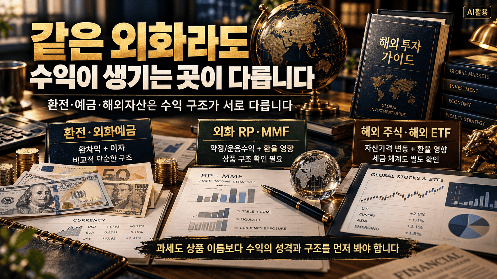 나에게 맞는 환투자 방법과 세금┃외화예금부터 ETF까지 어떻게 고를까 환전·외화예금, 외화RP·MMF, 해외 주식·ETF에서 수익이 발생하는 원천을 비교한 이미지