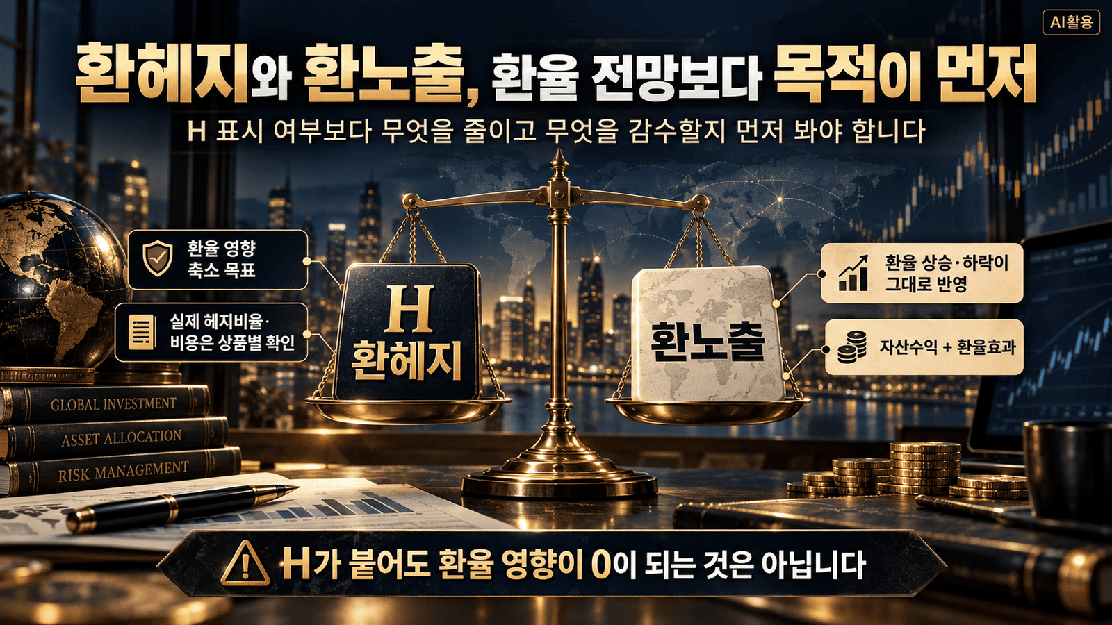 나에게 맞는 환투자 방법과 세금┃외화예금부터 ETF까지 어떻게 고를까 환헤지와 환노출의 환율 영향·헤지비용·위험을 비교한 저울 이미지