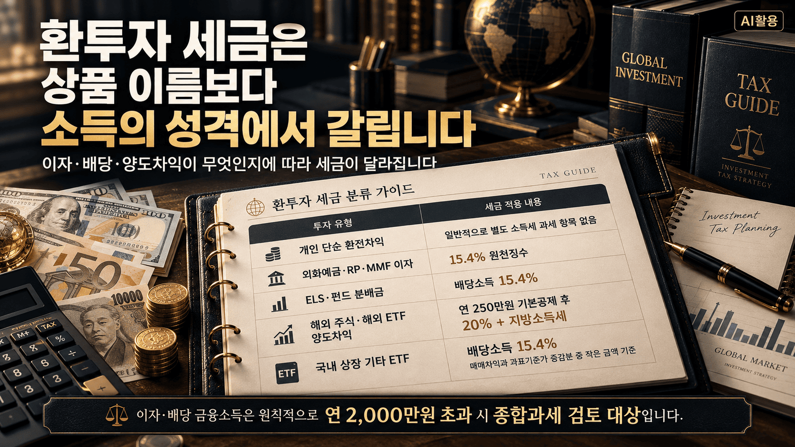 나에게 맞는 환투자 방법과 세금┃외화예금부터 ETF까지 어떻게 고를까 외화예금과 해외 ETF 등 외화 투자상품별 세금과 소득 분류를 정리한 이미지