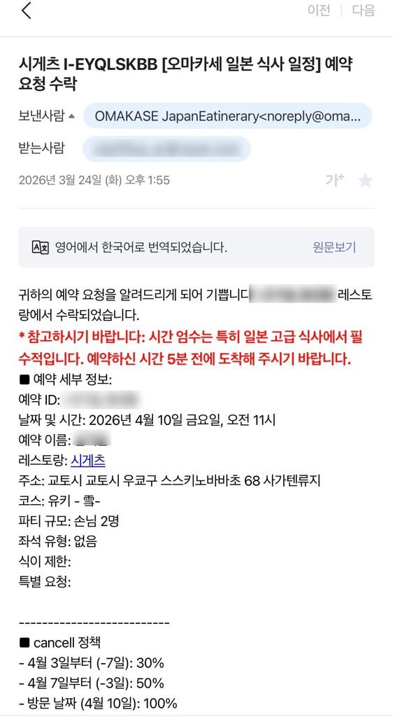 2026년 4월 10일 오전 11시 시게쓰 유키 코스 2인 예약을 알리는 한국어 예약 확정 이메일 화면
