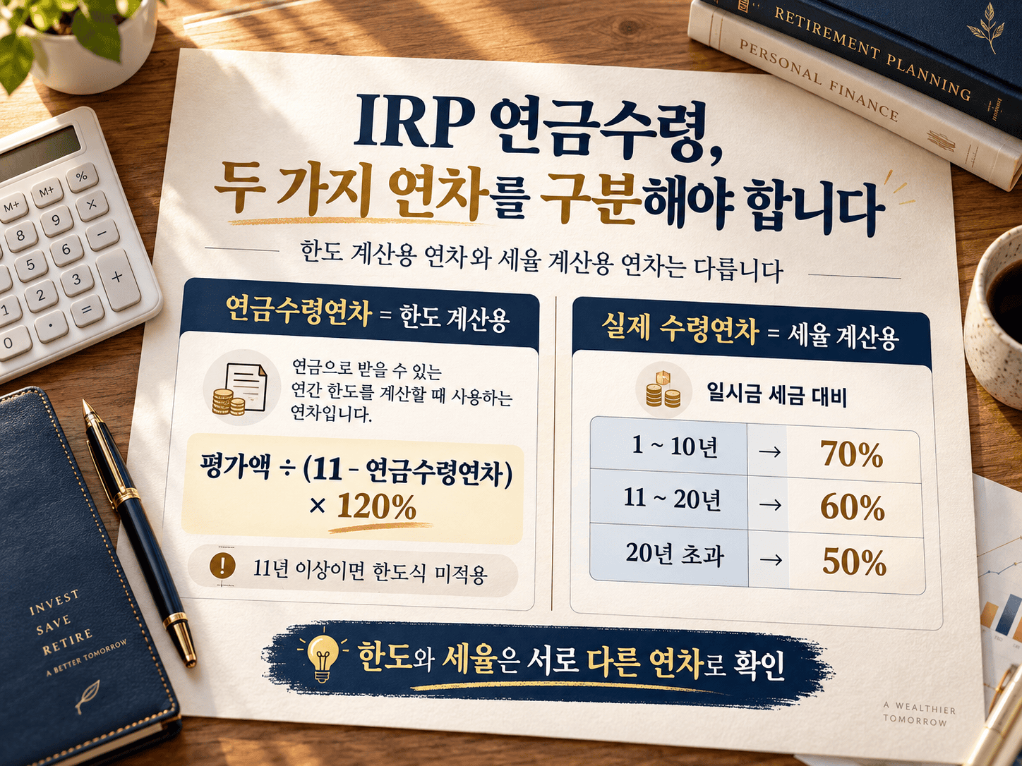 IRP 퇴직금 절세┃5년·10년·11년차 수령 방법의 선택 기준 한도 계산용 연금수령연차와 세율 계산용 실제 수령연차를 구분한 그림