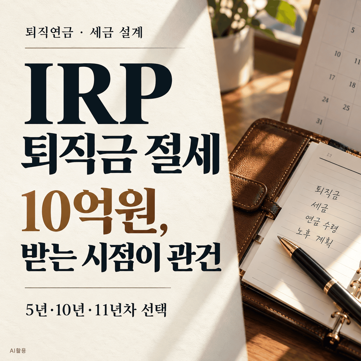 IRP 퇴직금 절세와 10억원 수령 시점 비교를 주제로 한 대표 이미지