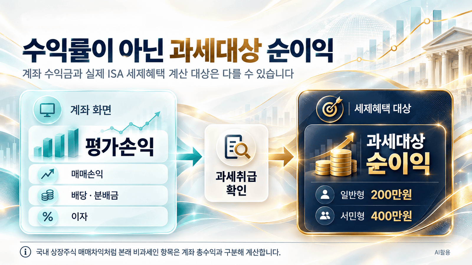 ISA 과세대상 순이익과 일반형 200만원 서민형 400만원 비과세 한도를 구분한 계산 흐름도