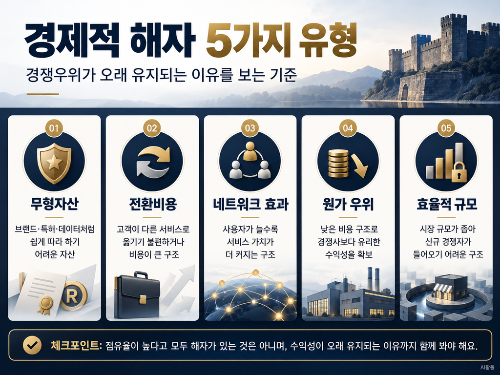 경제적 해자 5가지 원천인 무형자산, 전환비용, 네트워크 효과, 원가 우위, 효율적 규모를 성곽으로 설명한 이미지